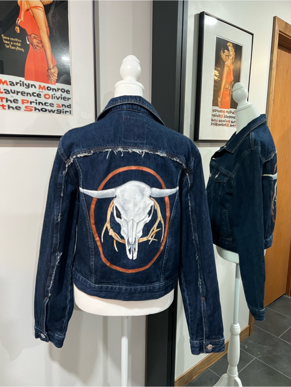 Pull & Bear Hand-Painted Organic Cotton Steer Skull Dark Denim Jacket